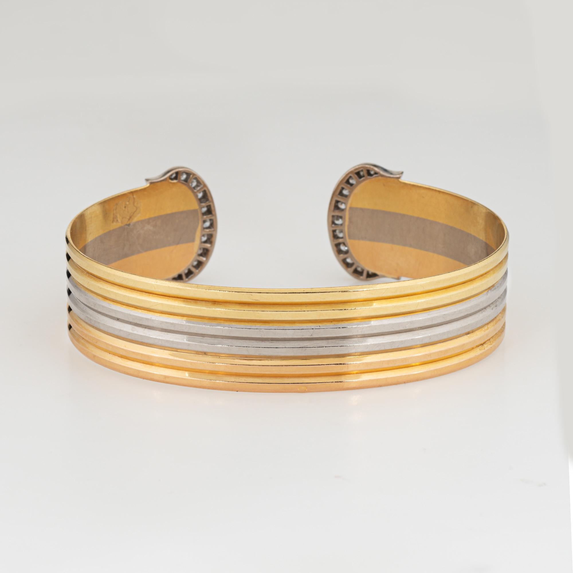 Round Cut c1980s Cartier Double C Diamond Bracelet 18k Tri Gold Cuff Vintage Fine Jewelry For Sale