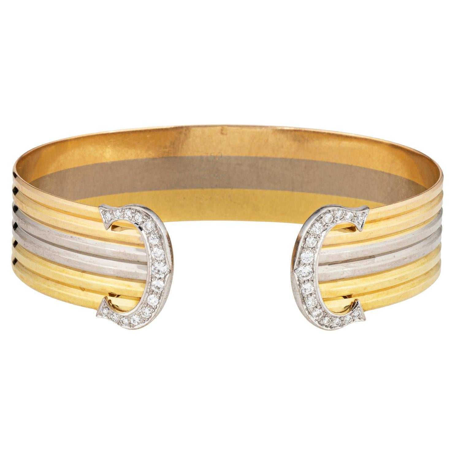 c1980s Cartier Double C Diamond Bracelet 18k Tri Gold Cuff Vintage Fine Jewelry