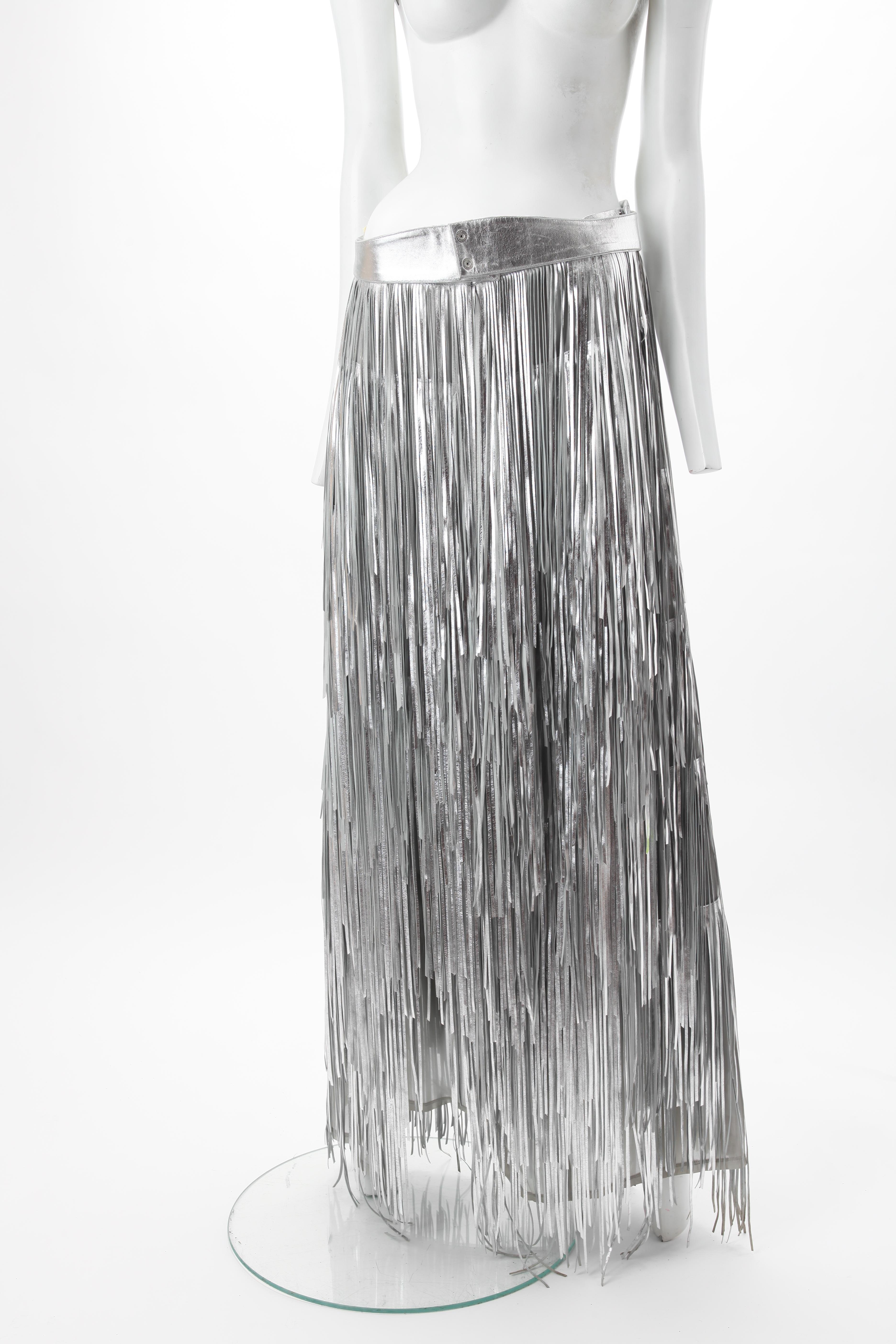 Women's or Men's c.1980s Silver Leather Fringe Maxi Skirt Western For Sale