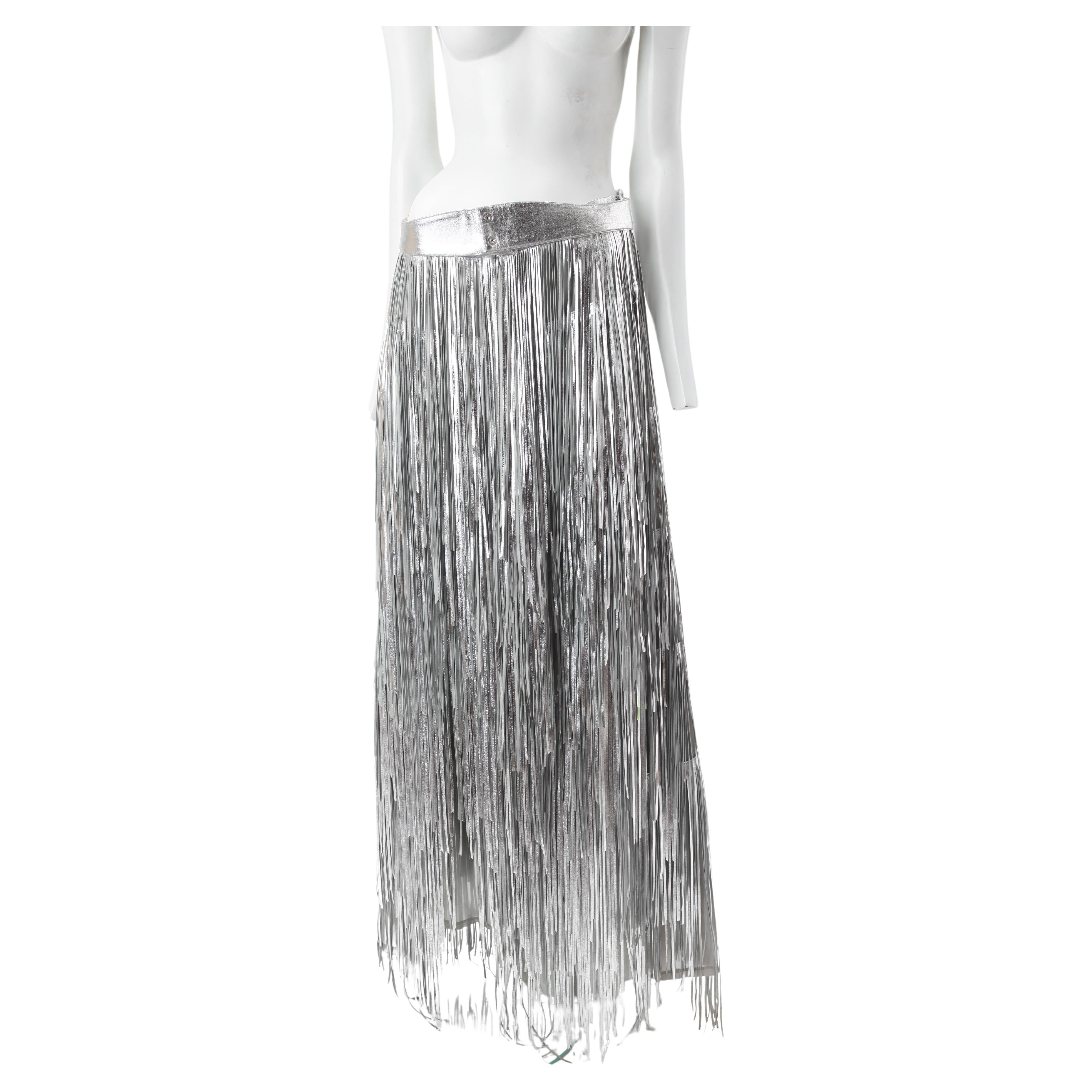 c.1980s Silver Leather Fringe Maxi Skirt Western For Sale