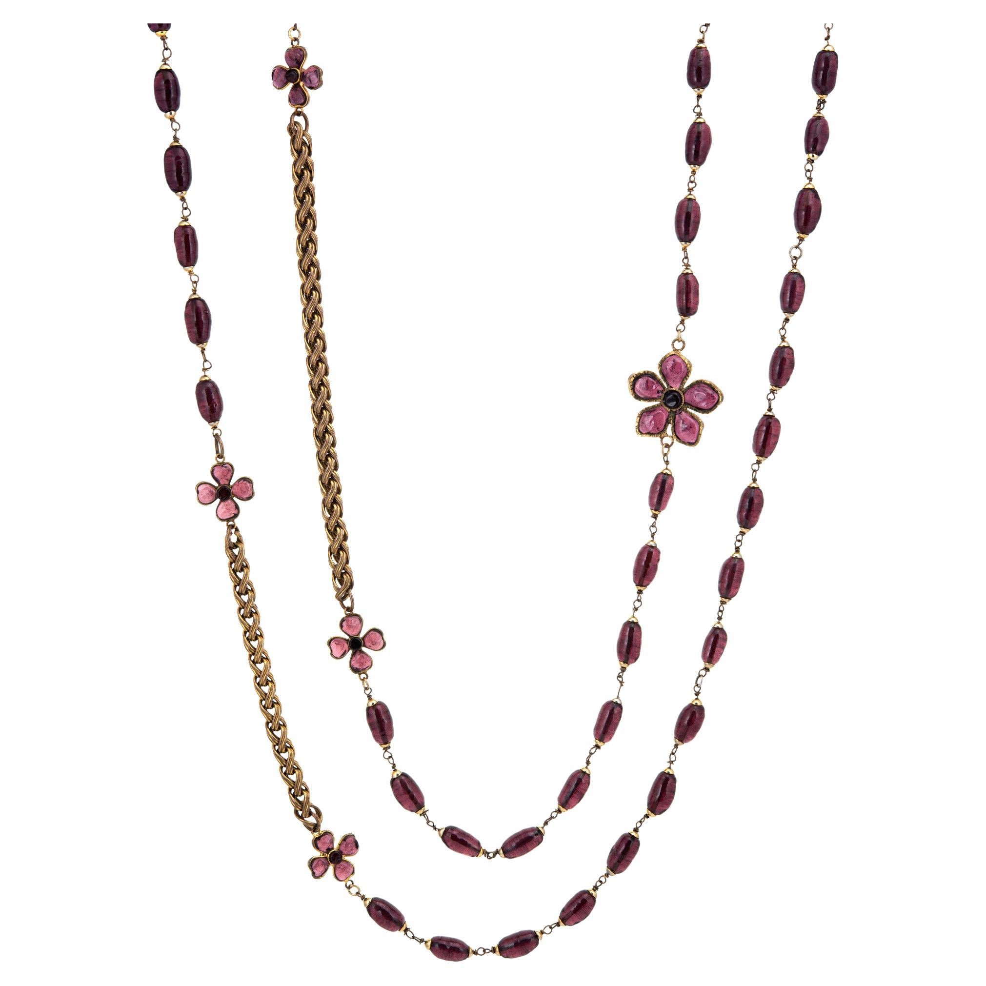 c1981 Ultra Long 105 Vintage Chanel Flower Necklace Purple Glass Beads