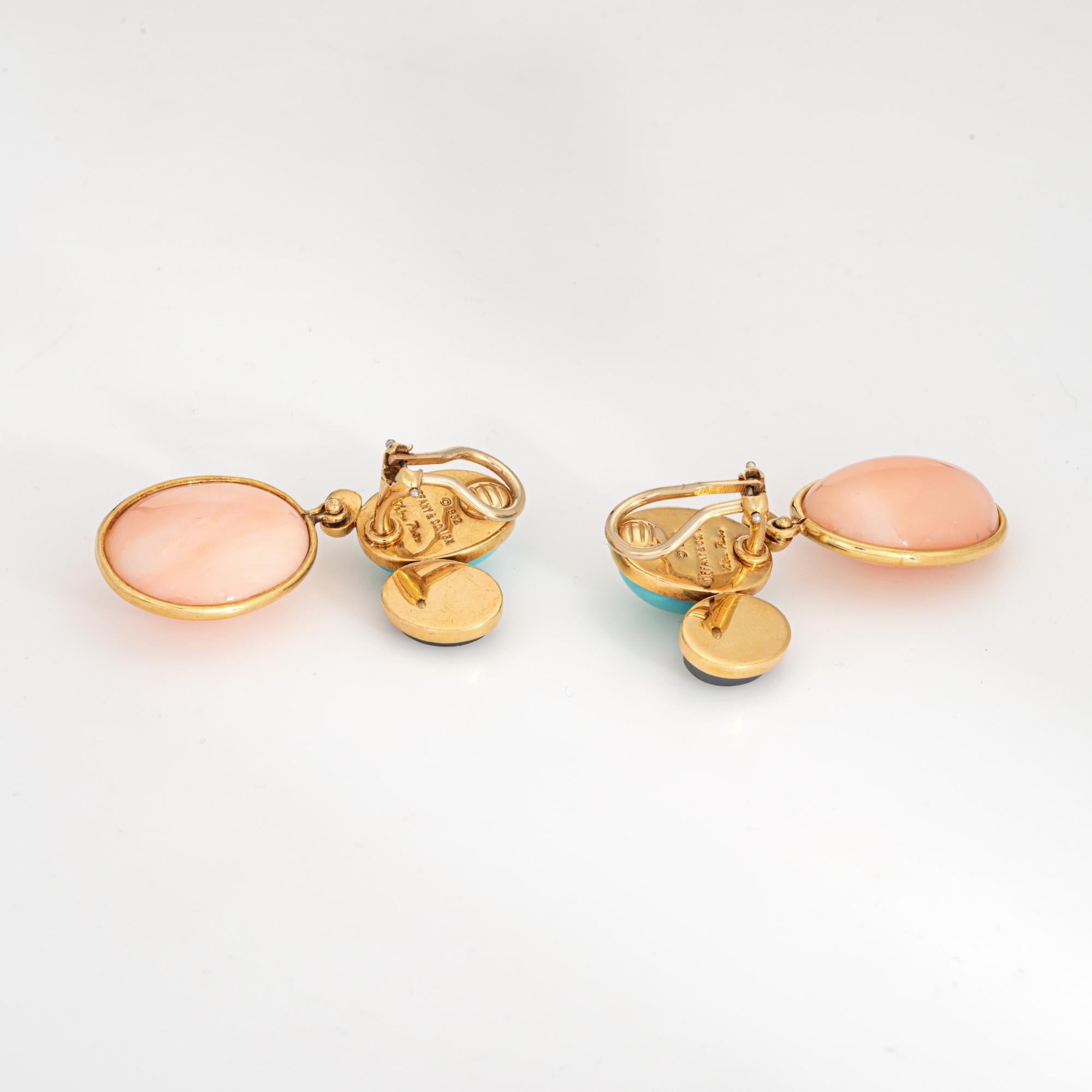 Modern c1982 Tiffany & Co Earrings Picasso Coral Turquoise Gemstone Drops 18k Gold For Sale