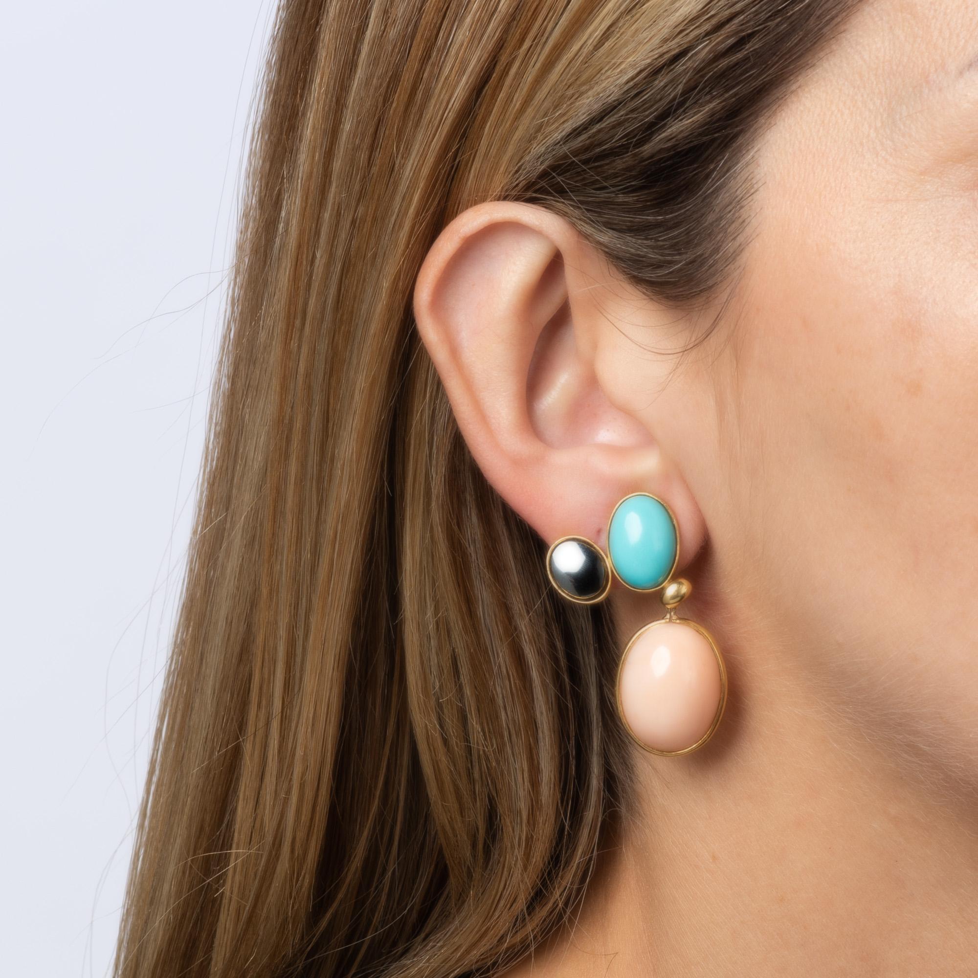 Cabochon c1982 Tiffany & Co Earrings Picasso Coral Turquoise Gemstone Drops 18k Gold For Sale