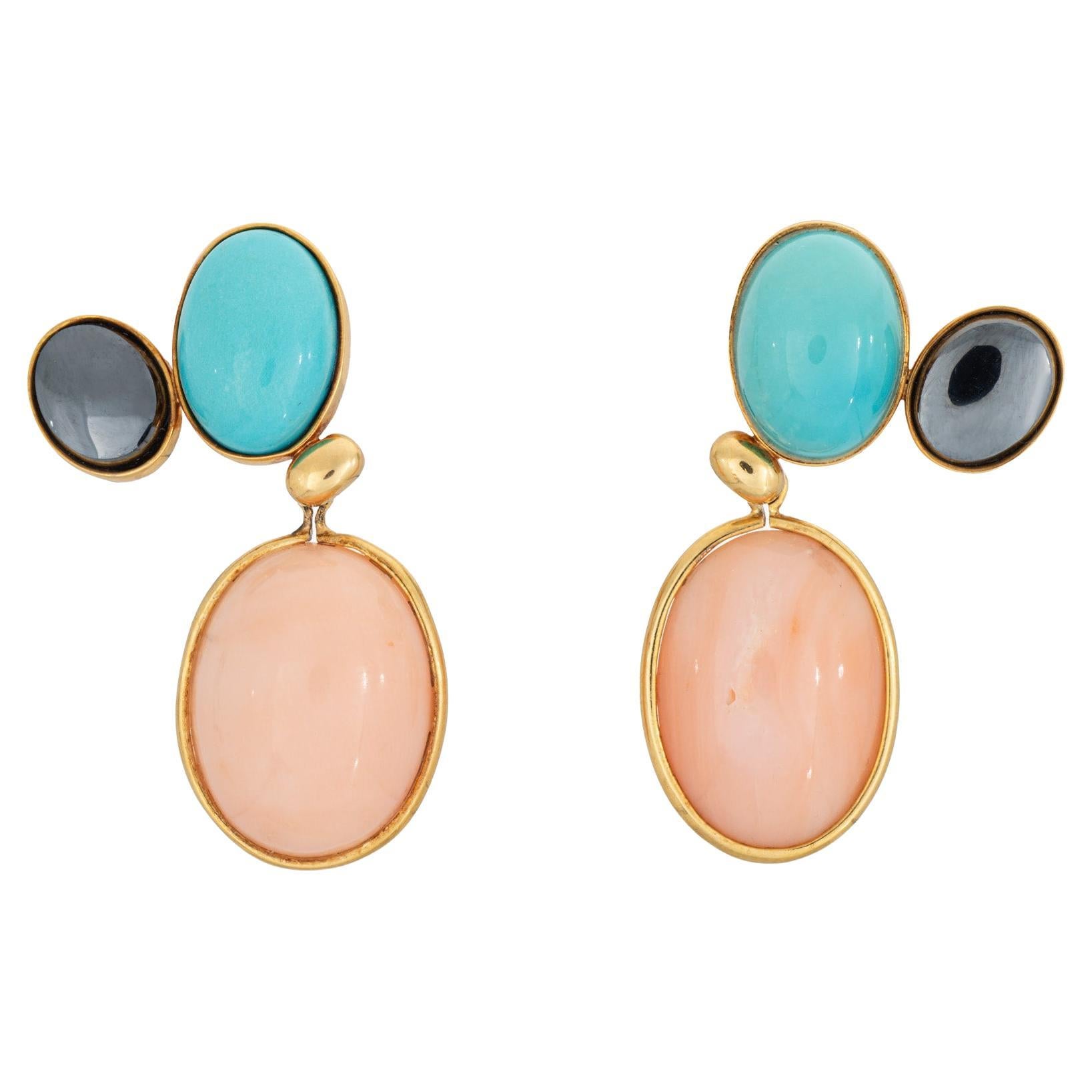 c1982 Tiffany & Co Earrings Picasso Coral Turquoise Gemstone Drops 18k Gold