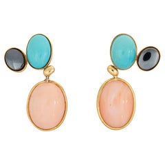 c1982 Tiffany & Co Earrings Picasso Coral Turquoise Gemstone Drops 18k Gold