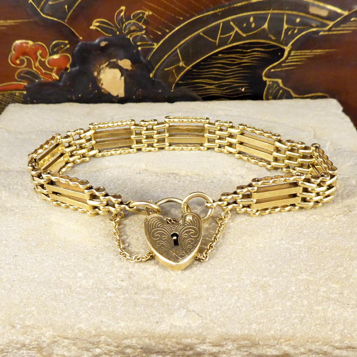 Women's or Men's C1983 Yellow Gold Gate Bracelet with Heart Lock Clasp and Safety Chain