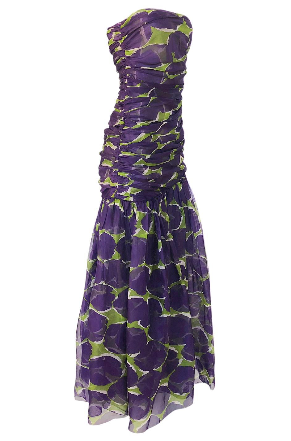Black c1985 Yves Saint Laurent Strapless Purple & Green Silk Voile Dress