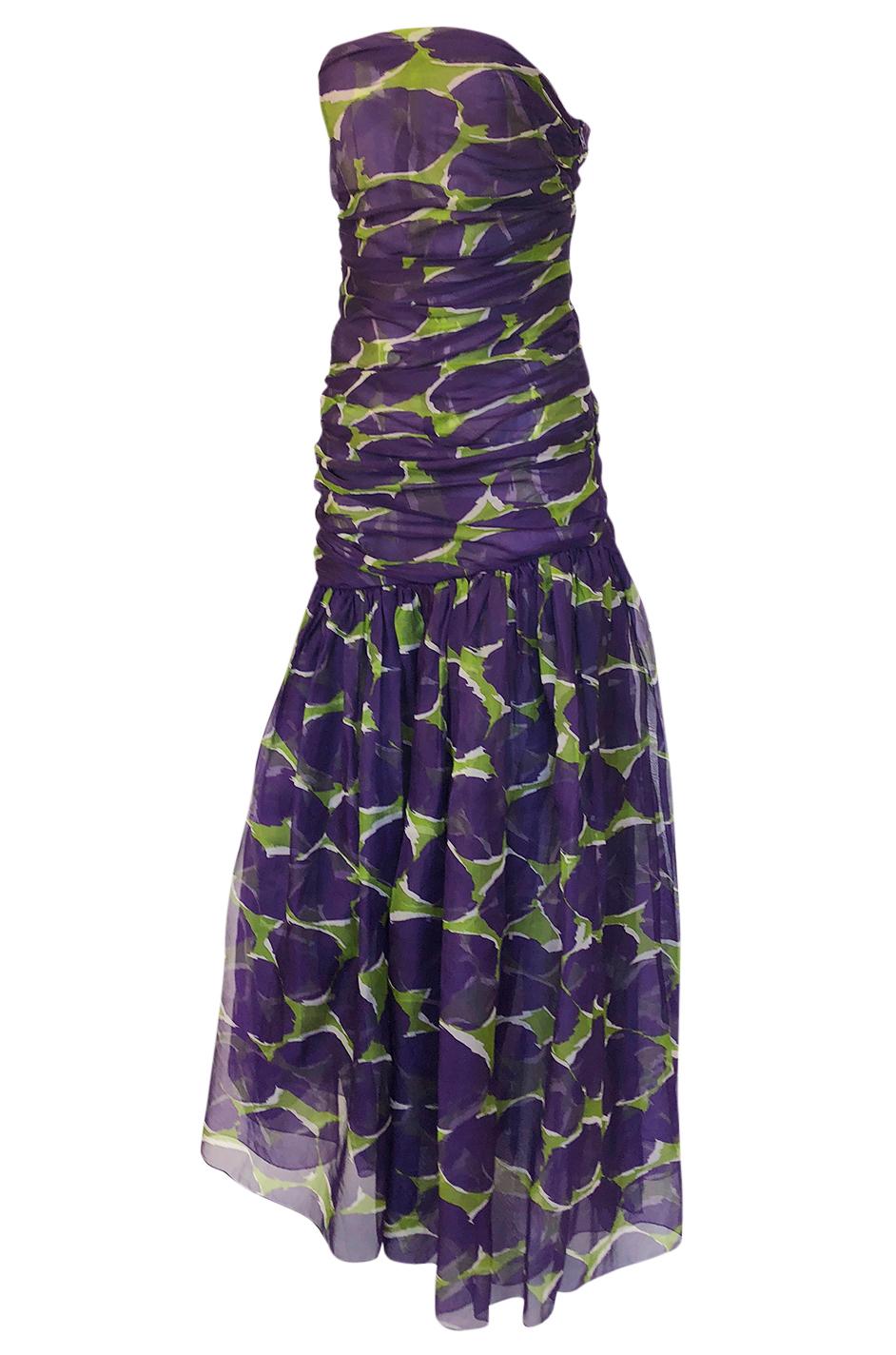 c1985 Yves Saint Laurent Strapless Purple & Green Silk Voile Dress In Excellent Condition In Rockwood, ON