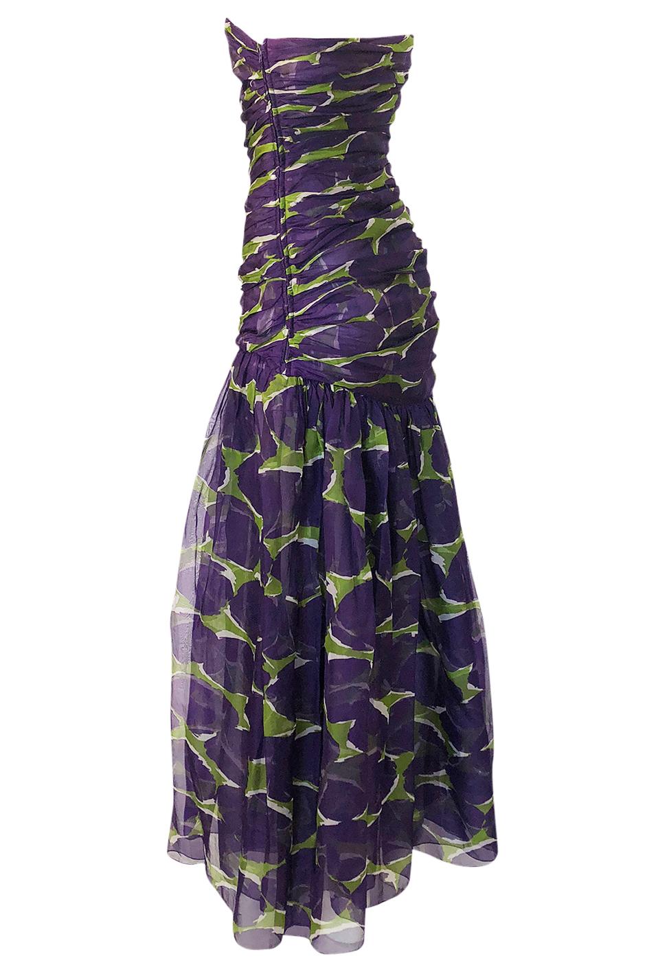 Women's c1985 Yves Saint Laurent Strapless Purple & Green Silk Voile Dress