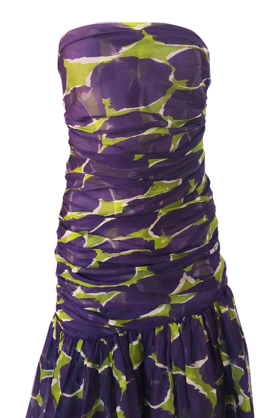 c1985 Yves Saint Laurent Strapless Purple & Green Silk Voile Dress 1
