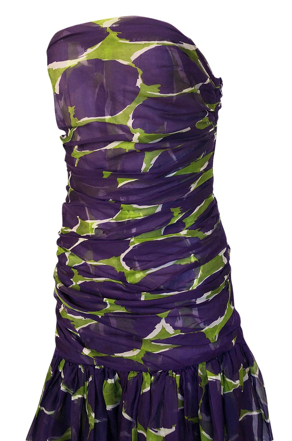 c1985 Yves Saint Laurent Strapless Purple & Green Silk Voile Dress 2