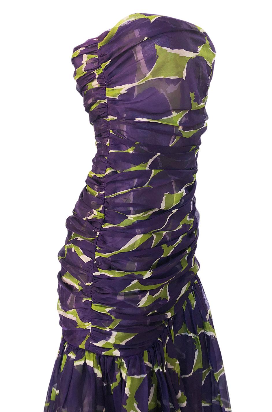 c1985 Yves Saint Laurent Strapless Purple & Green Silk Voile Dress 3