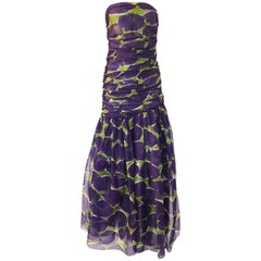 c1985 Yves Saint Laurent Strapless Purple & Green Silk Voile Dress