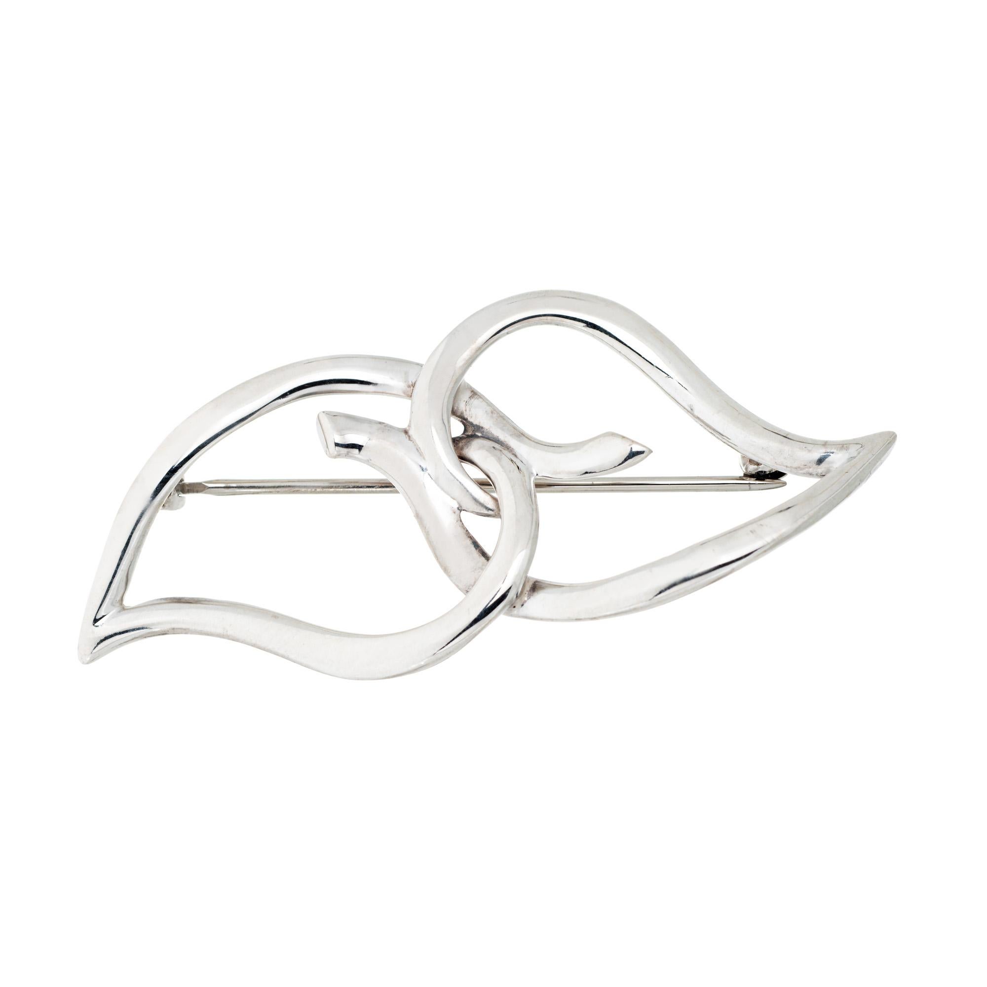 Modern c1987 Tiffany & Co Two Leaf Brooch Sterling Silver Vintage Fine Signed Jewelry