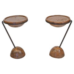 C.1990 Superb Pair Burr Oak & Steel Side Tables By Sculptor Philip Hearsey