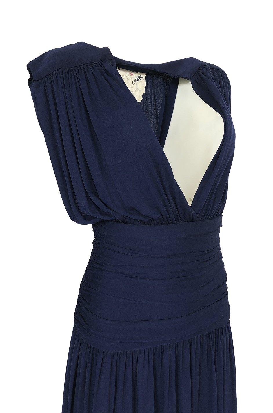 c1991 Yves Saint Laurent Deep Plunge Front Blue Draped Silk Jersey Dress 5