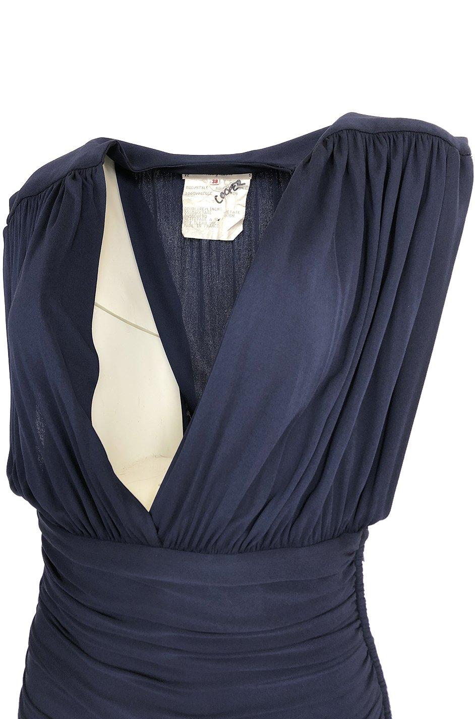 c1991 Yves Saint Laurent Deep Plunge Front Blue Draped Silk Jersey Dress 6
