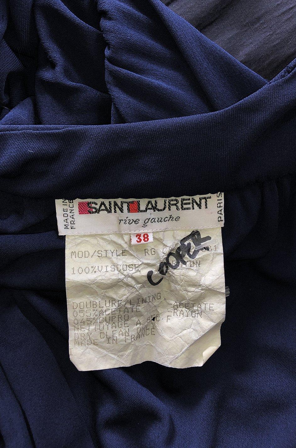 c1991 Yves Saint Laurent Deep Plunge Front Blue Draped Silk Jersey Dress 7