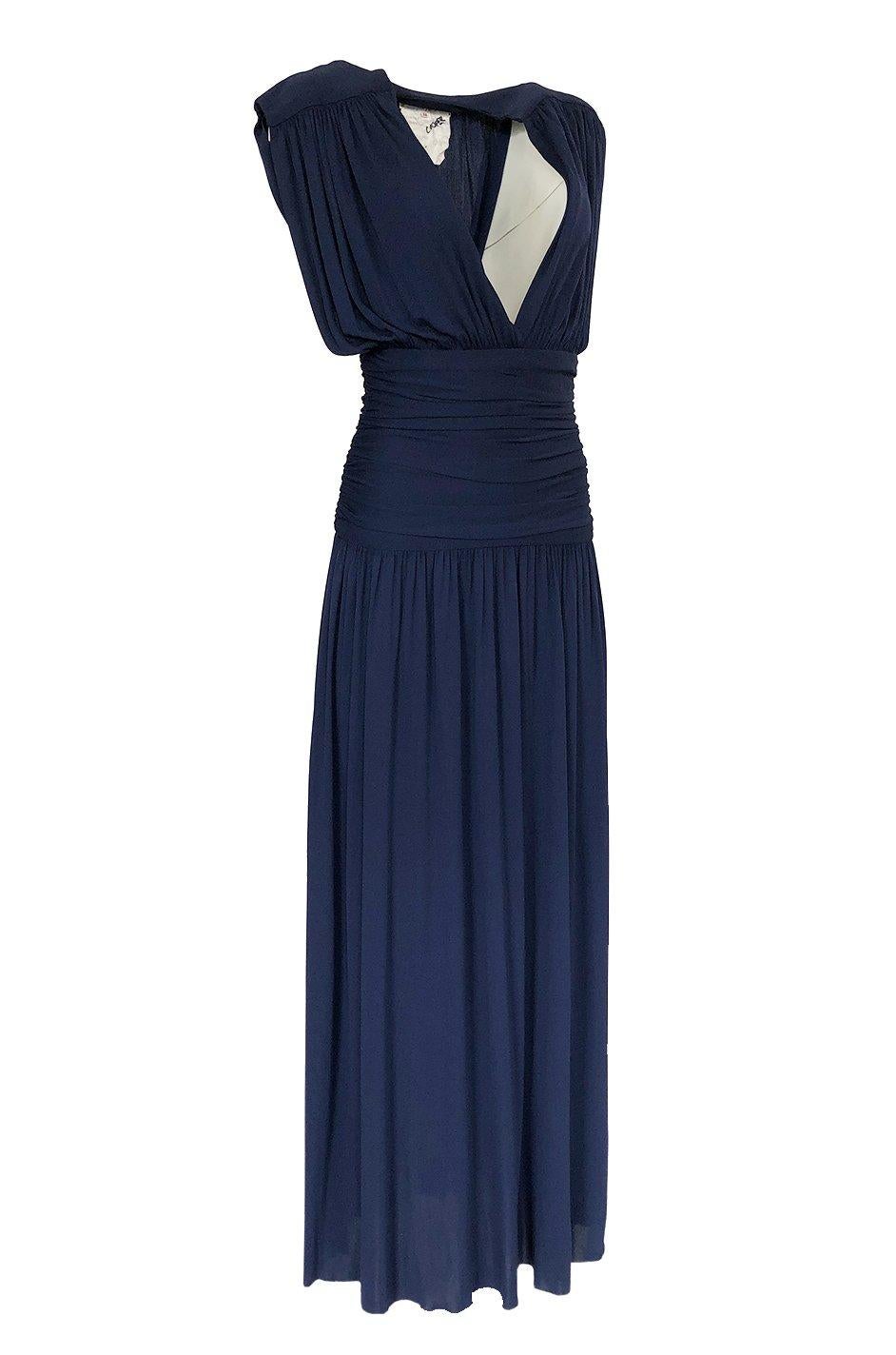 Black c1991 Yves Saint Laurent Deep Plunge Front Blue Draped Silk Jersey Dress
