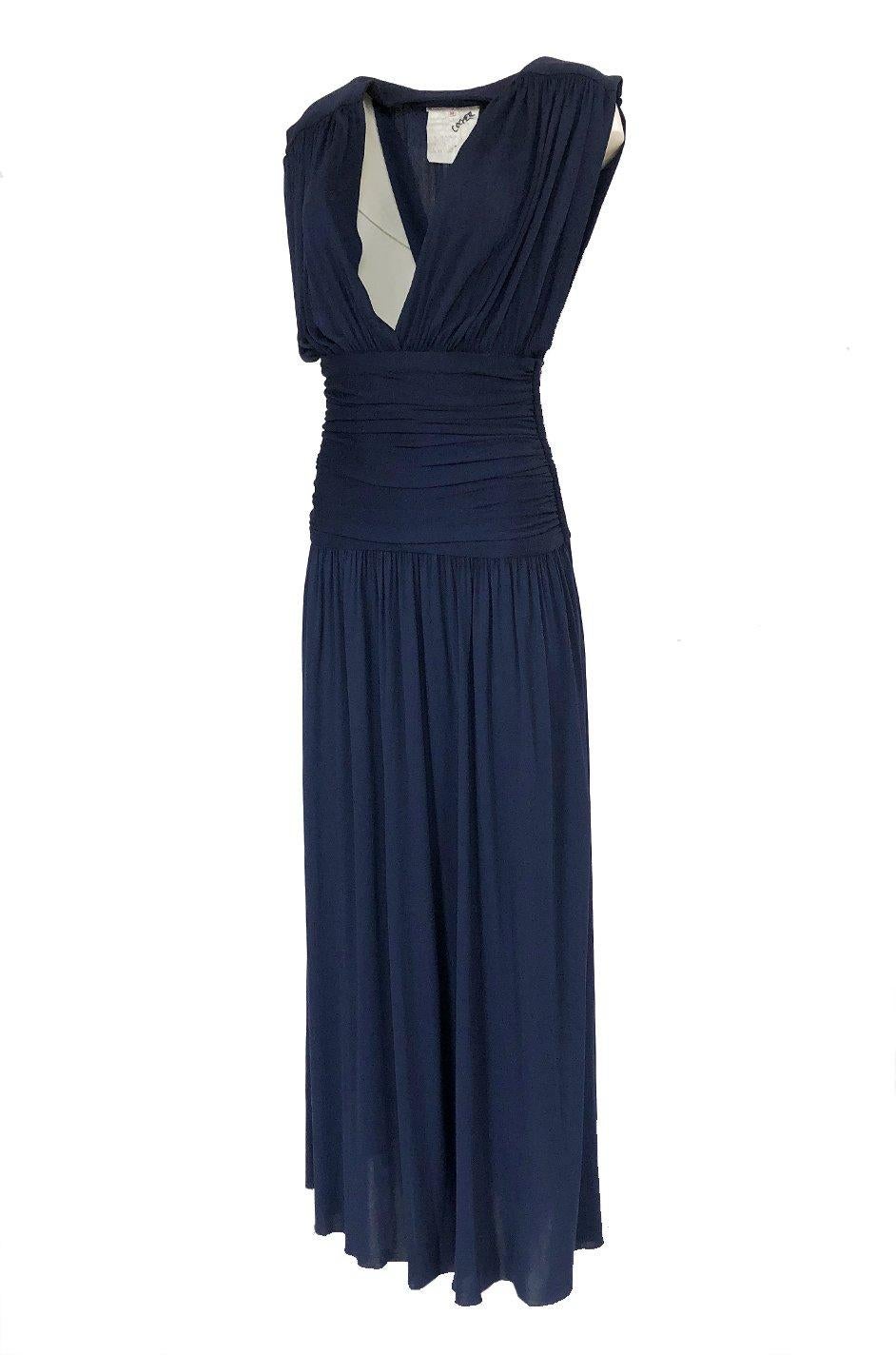 c1991 Yves Saint Laurent Deep Plunge Front Blue Draped Silk Jersey Dress In Excellent Condition In Rockwood, ON