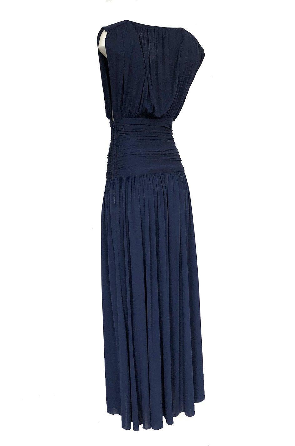 Women's c1991 Yves Saint Laurent Deep Plunge Front Blue Draped Silk Jersey Dress