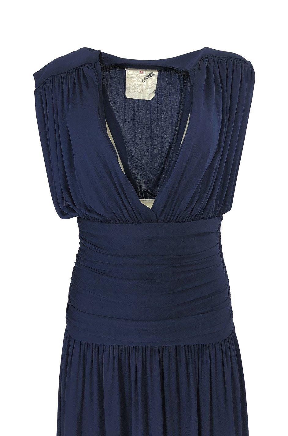 c1991 Yves Saint Laurent Deep Plunge Front Blue Draped Silk Jersey Dress 1