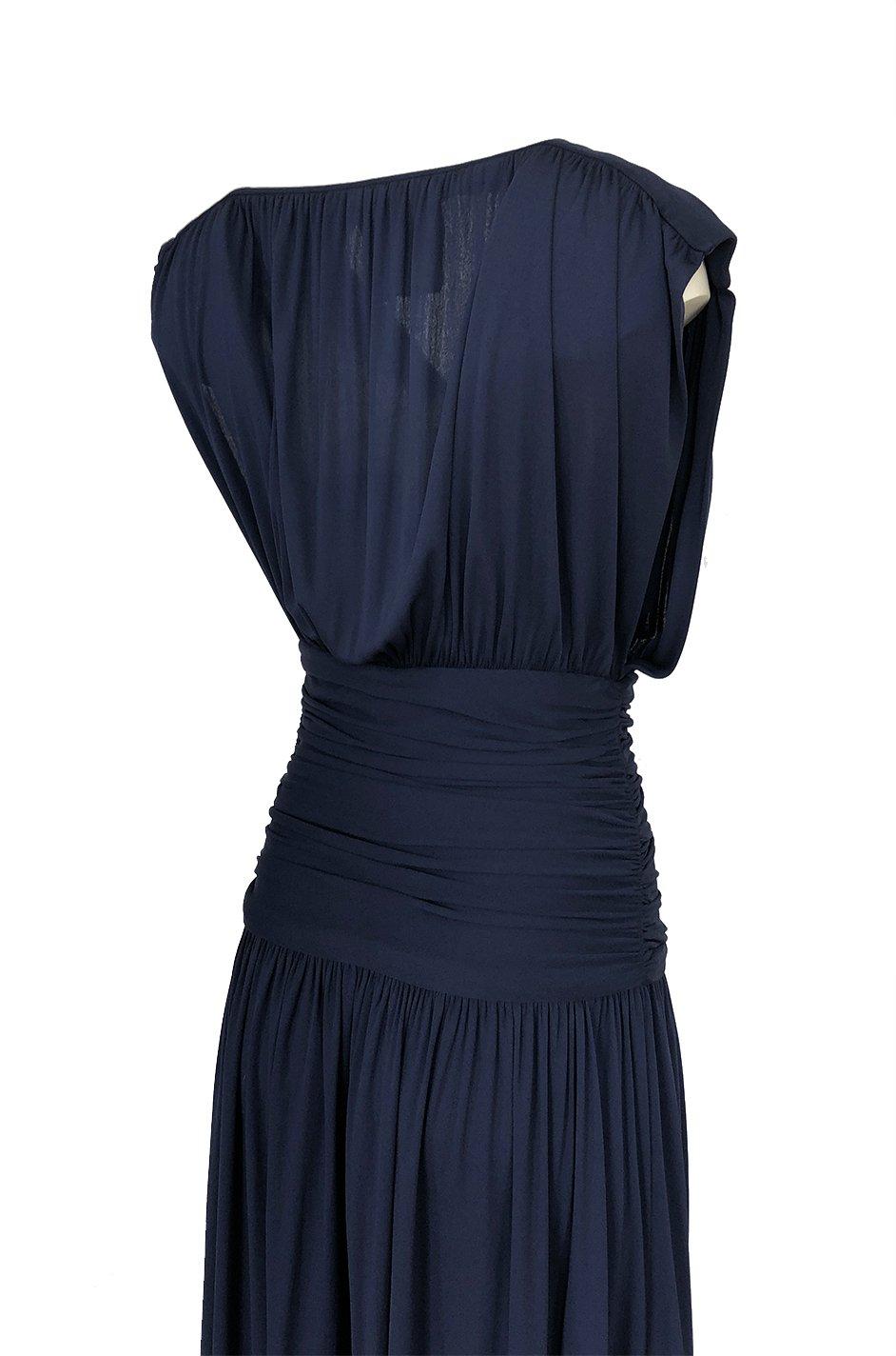 c1991 Yves Saint Laurent Deep Plunge Front Blue Draped Silk Jersey Dress 2