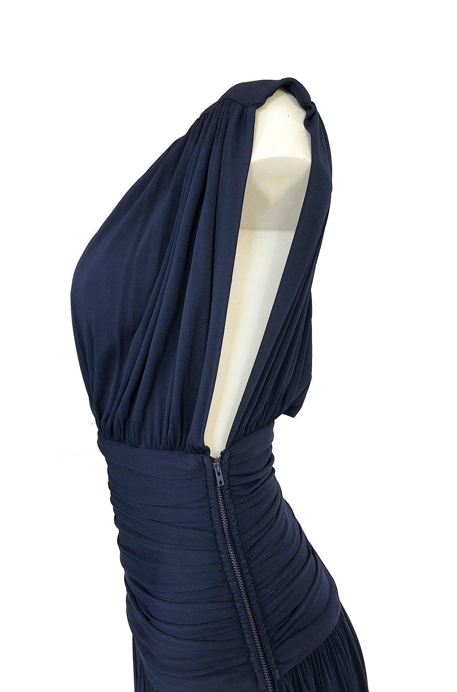 c1991 Yves Saint Laurent Deep Plunge Front Blue Draped Silk Jersey Dress 3