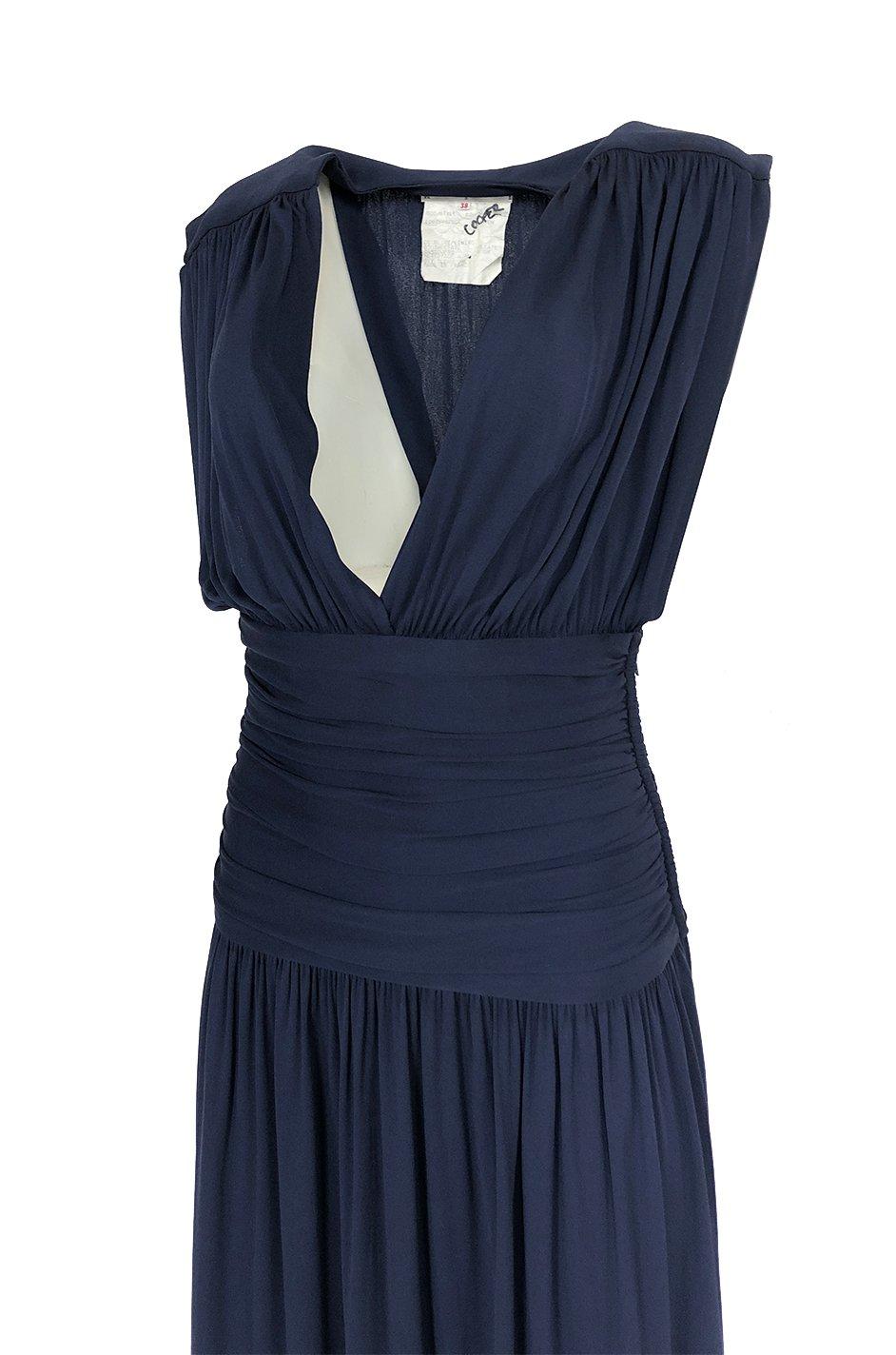 c1991 Yves Saint Laurent Deep Plunge Front Blue Draped Silk Jersey Dress 4