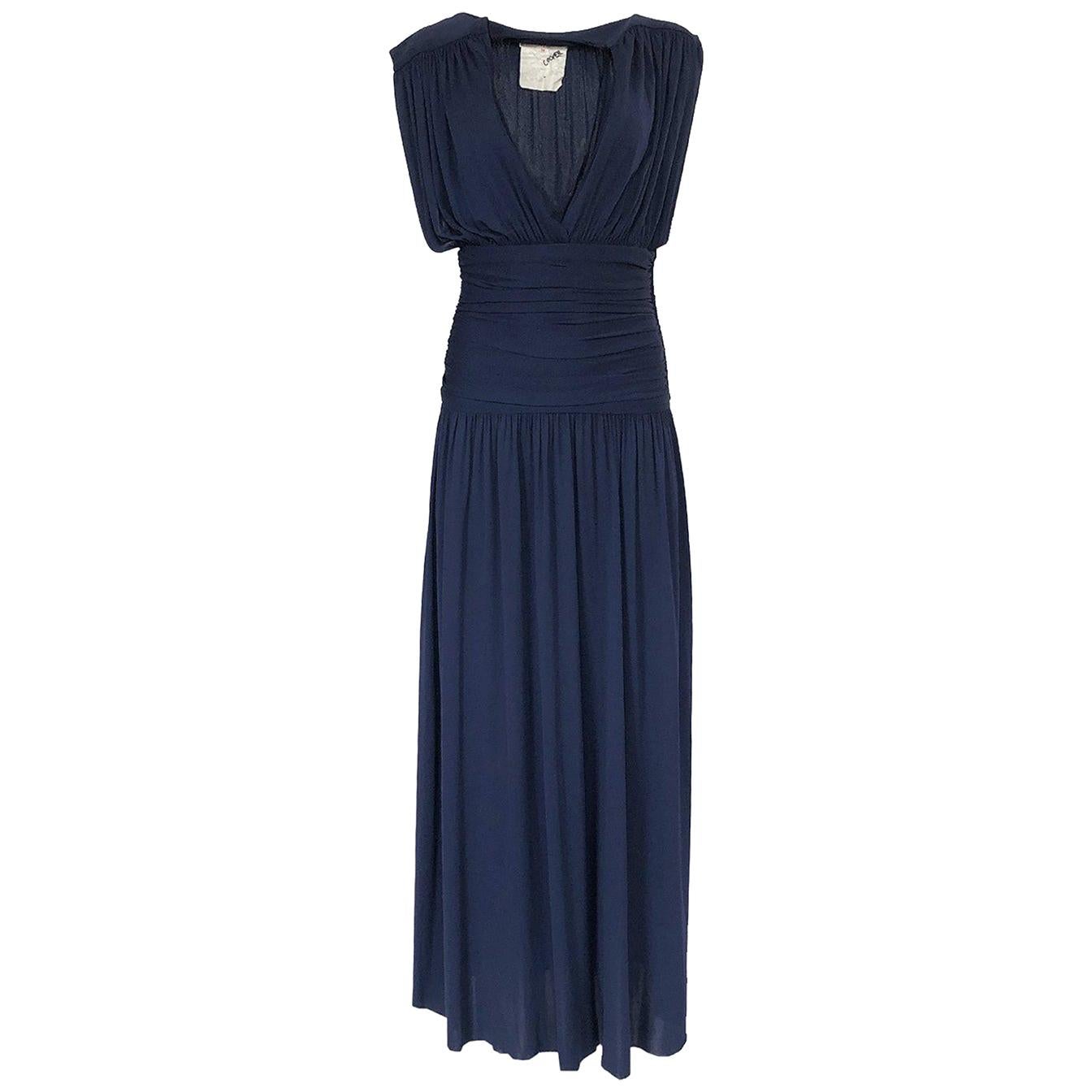 c1991 Yves Saint Laurent Deep Plunge Front Blue Draped Silk Jersey Dress