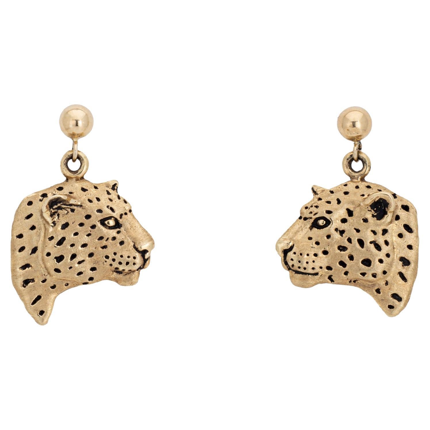 c1993 Gayle Bright Jaguar Bust Earrings Vintage 14k Gold Drops Animal Jewelry