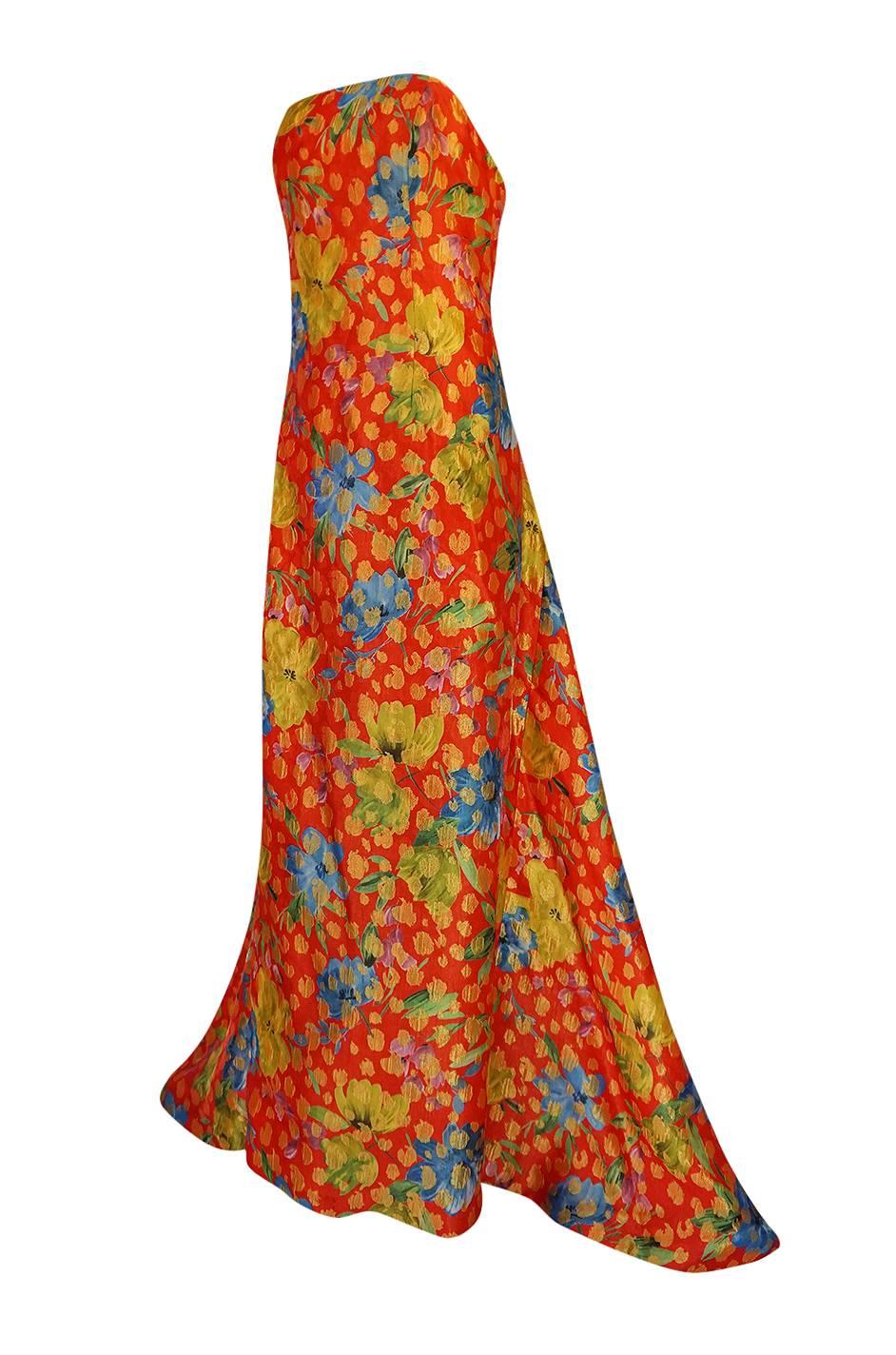 Brown Sully Bonnelly Red and Gold Floral Strapless Trained Dress, circa 1998