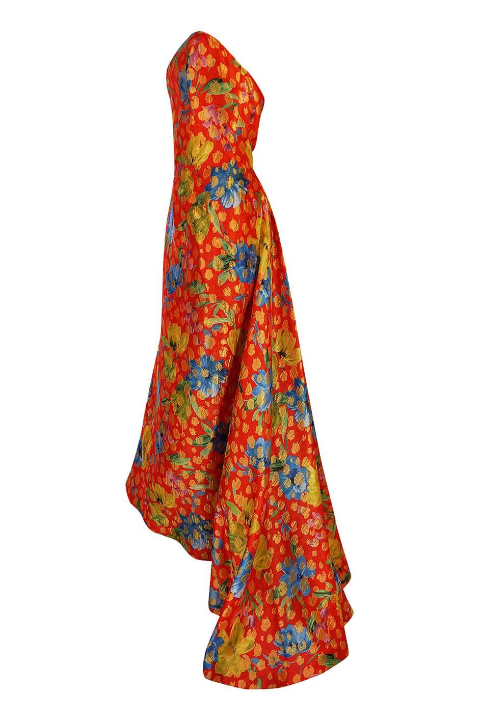 Sully Bonnelly Red and Gold Floral Strapless Trained Dress, circa 1998 In Excellent Condition In Rockwood, ON