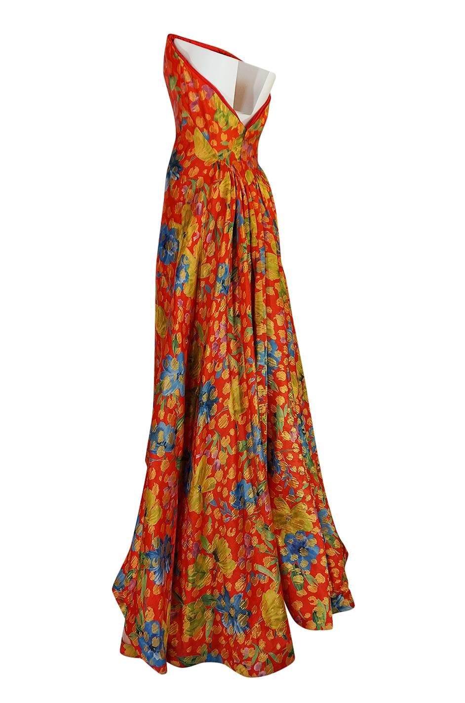 Women's Sully Bonnelly Red and Gold Floral Strapless Trained Dress, circa 1998