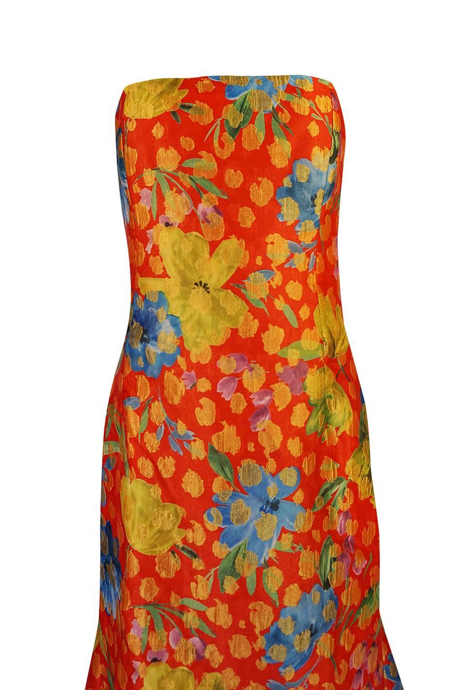 Sully Bonnelly Red and Gold Floral Strapless Trained Dress, circa 1998 1