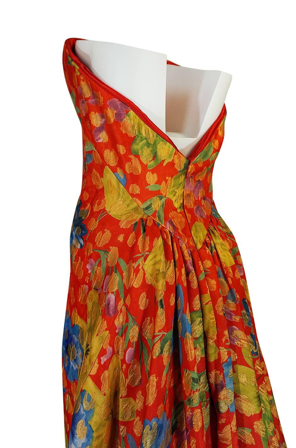 Sully Bonnelly Red and Gold Floral Strapless Trained Dress, circa 1998 2