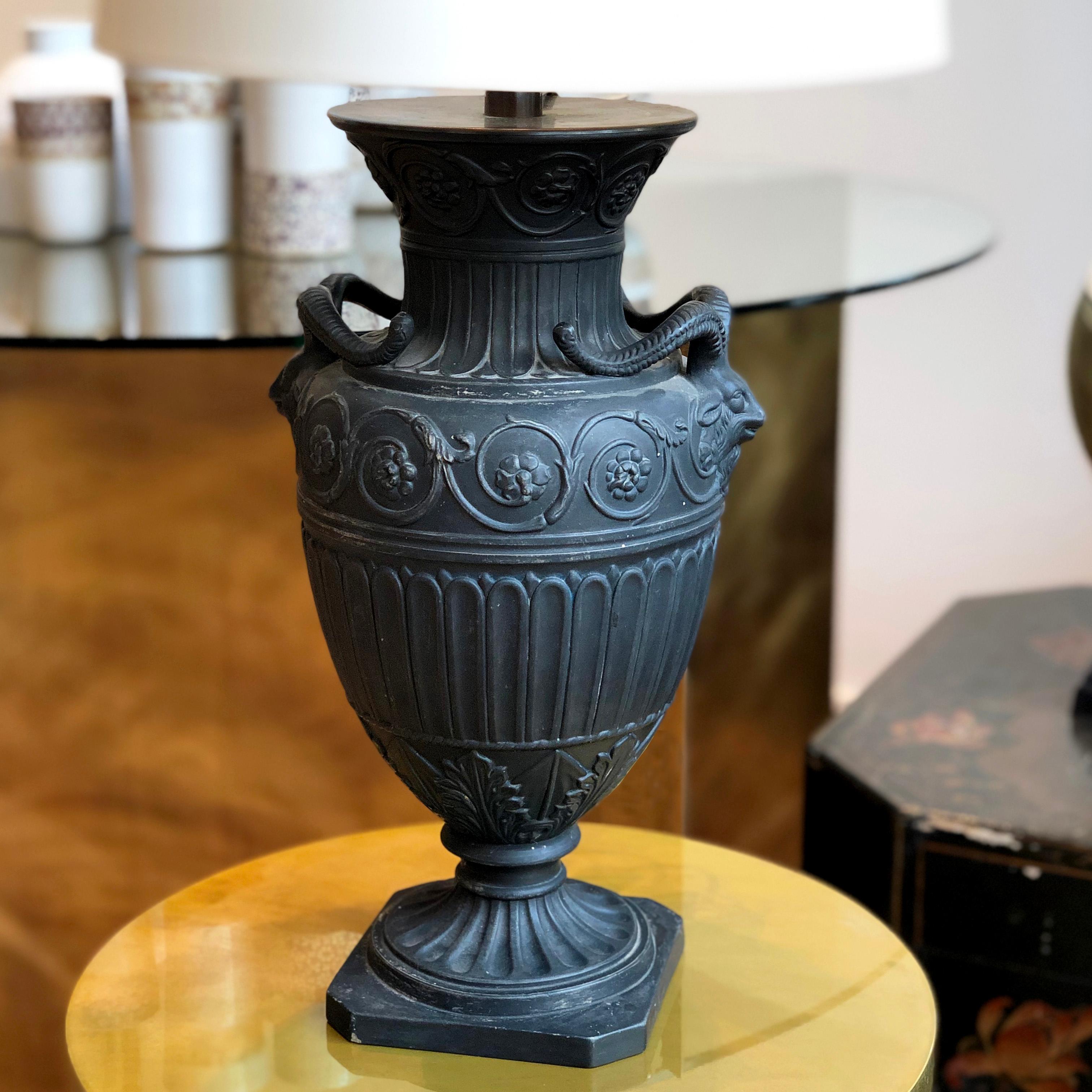Basalt style amphora vase by Gerbing & Stephan Marks from the 1890s wired for a table lamp.

Measures: 20 diameter x 52 height cm

Good antique condition considering the age.
