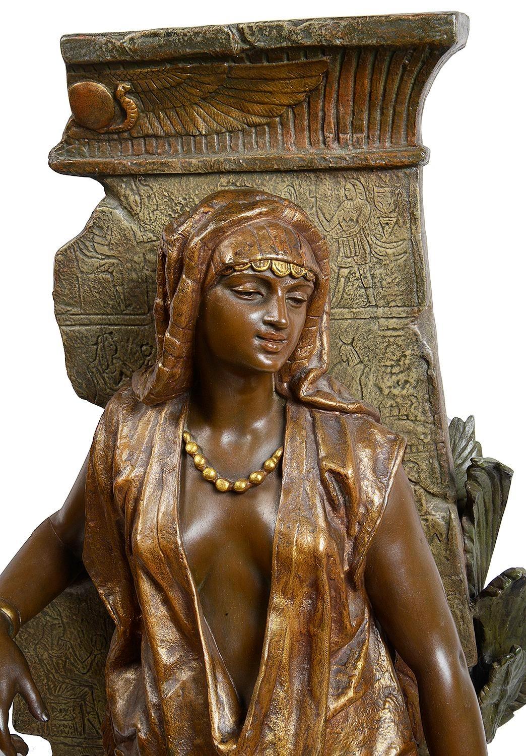 An enchanting late 19th Century French cold painted bronze statue of a young Arab girl leaning against a wall, holding a water jug.
Guillot (1865-1911), French sculptor of the second half of the 19th century, exhibits at the Salon of French Artists