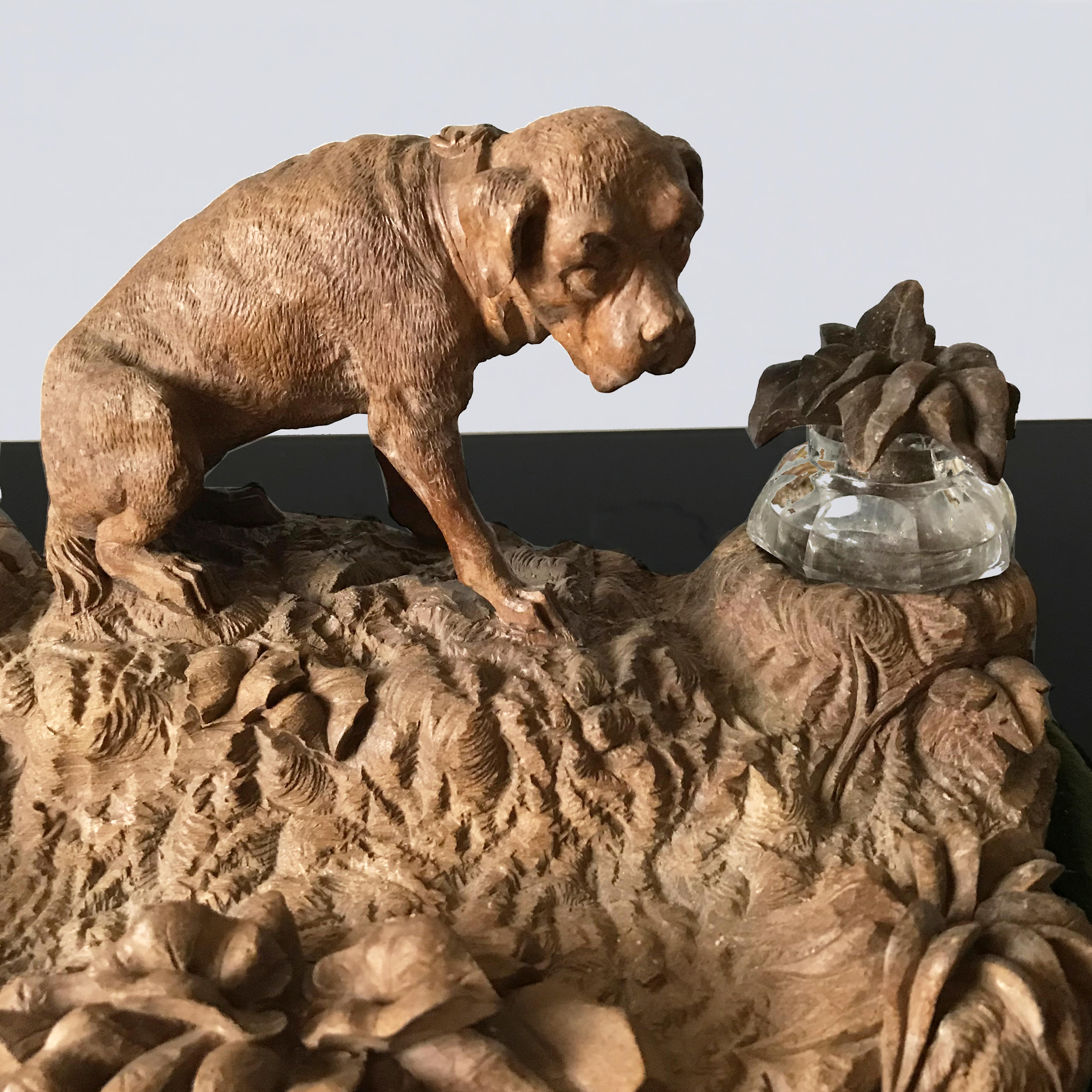 19th Century C19th Carved Wood and Velvet Black Forest Inkwell with Dog For Sale