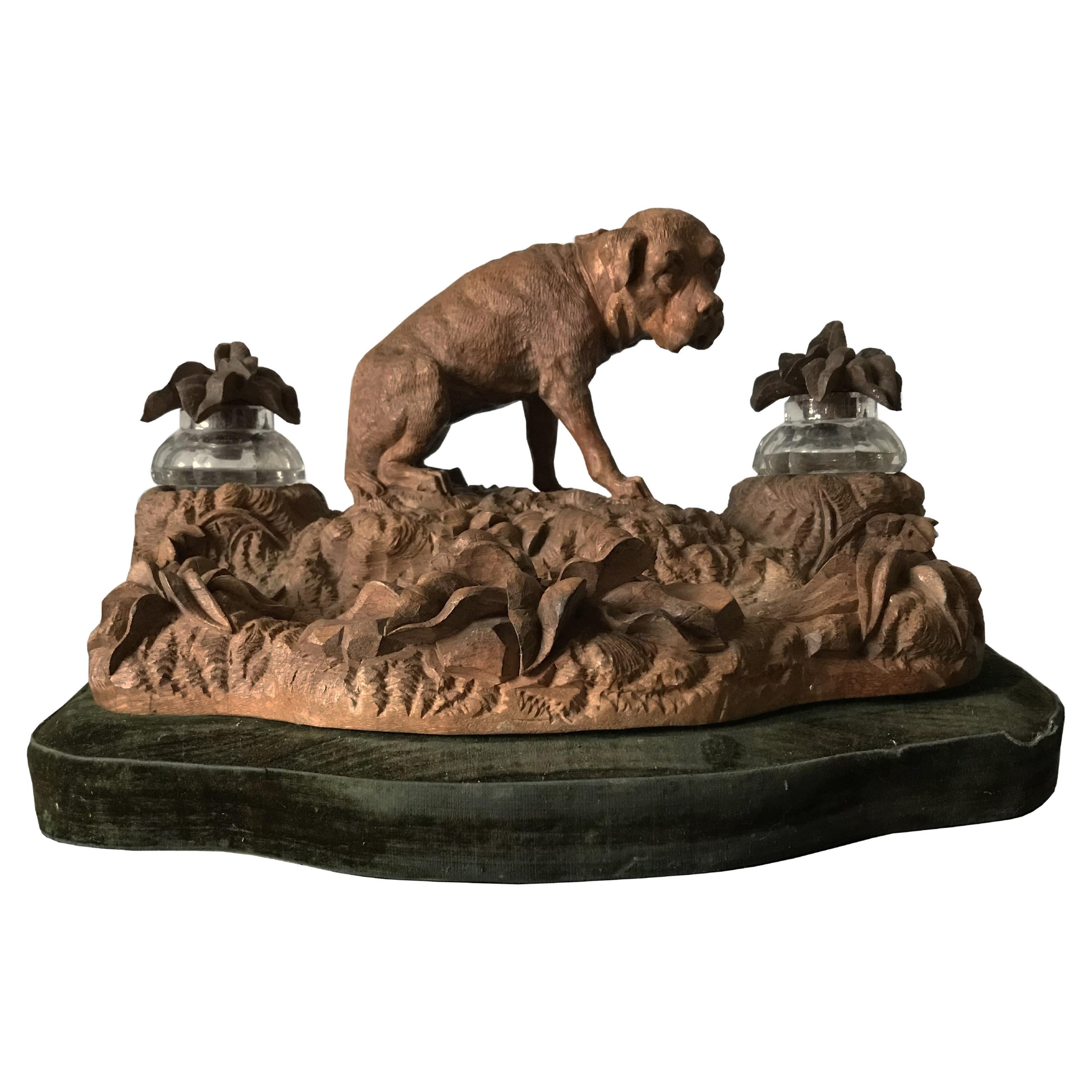 C19th Carved Wood and Velvet Black Forest Inkwell with Dog For Sale