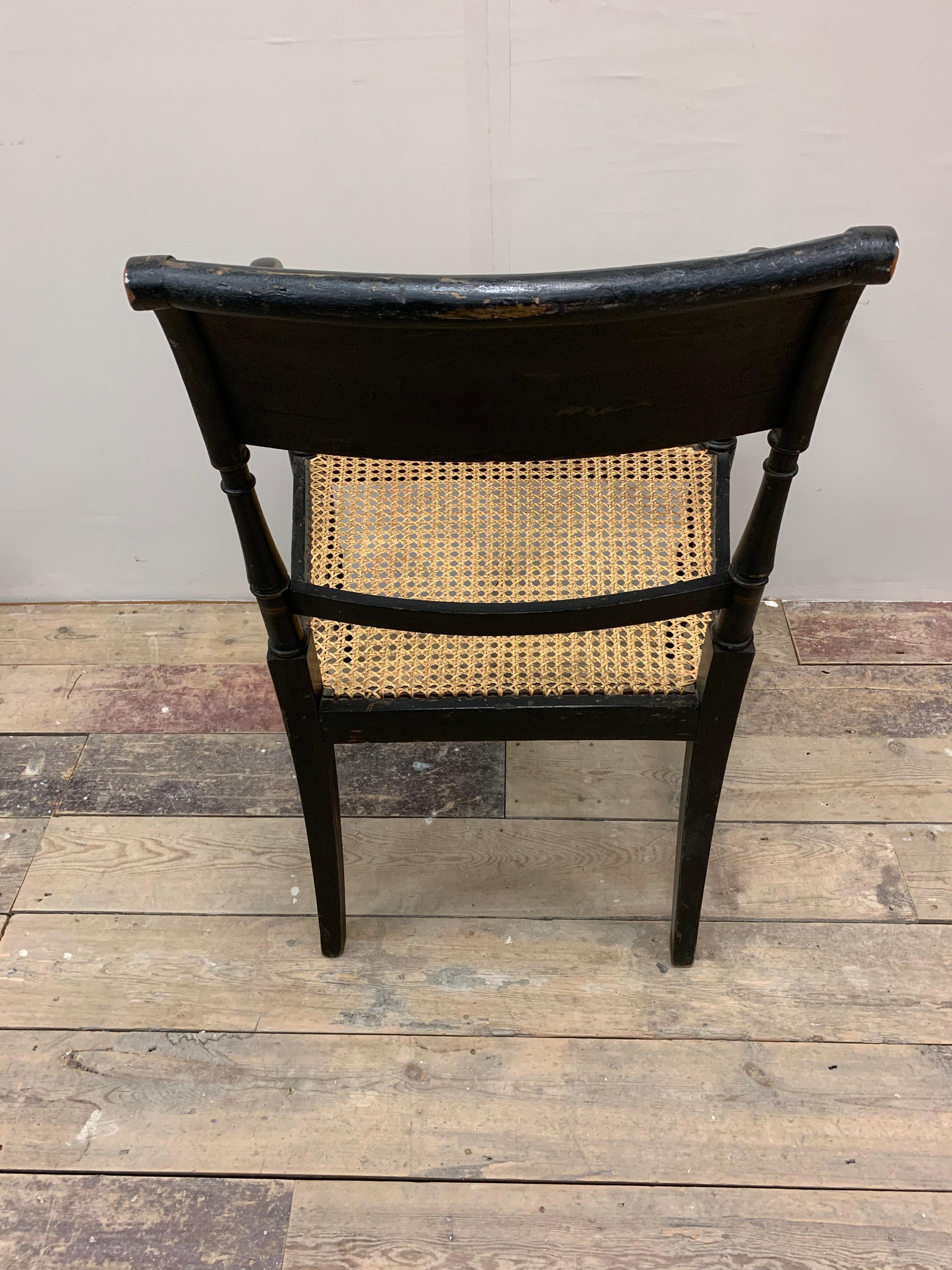 C19th Century English Black Painted Armchair with Flower Decoration & Caned Seat 2