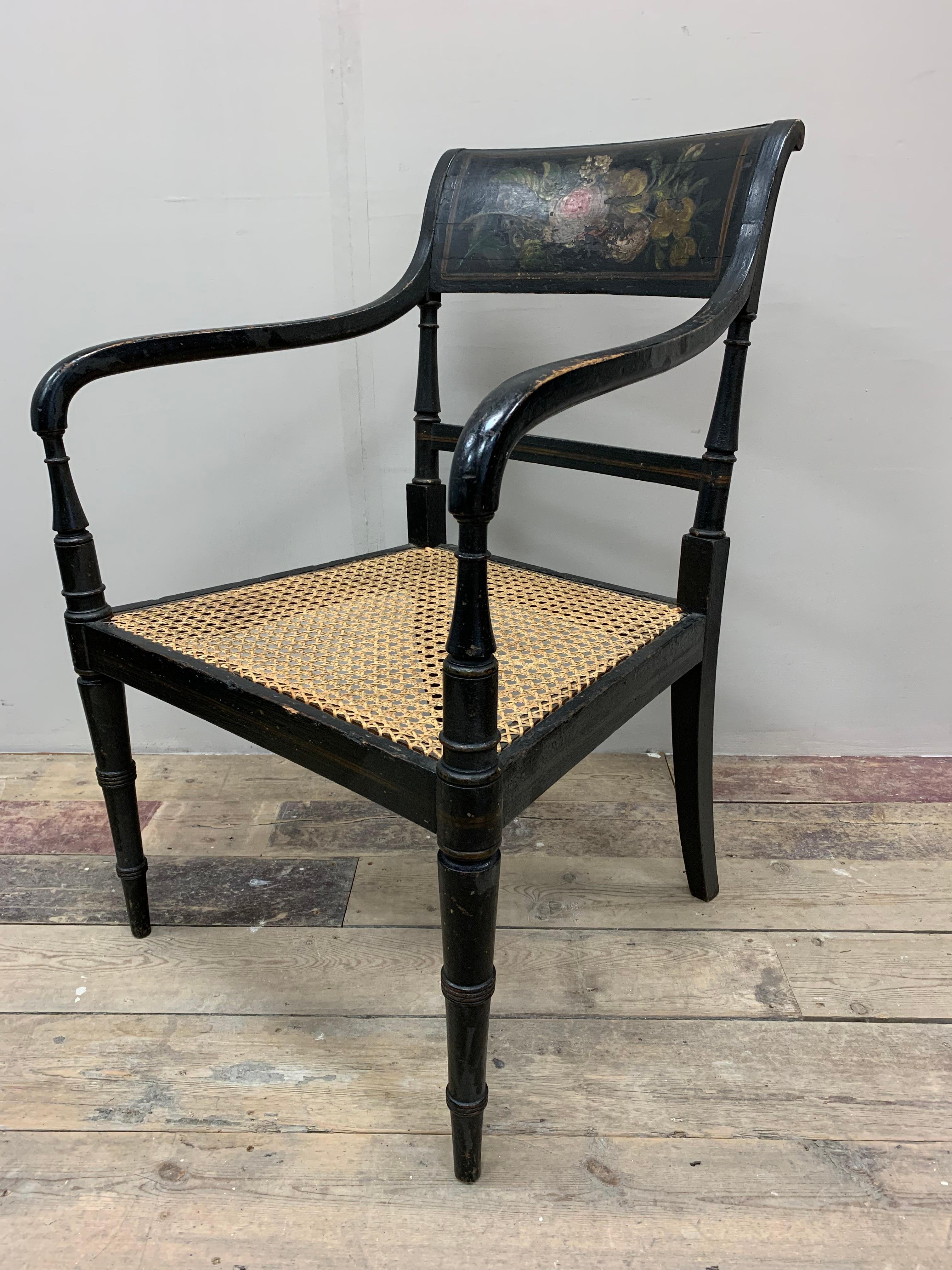 Regency C19th Century English Black Painted Armchair with Flower Decoration & Caned Seat For Sale