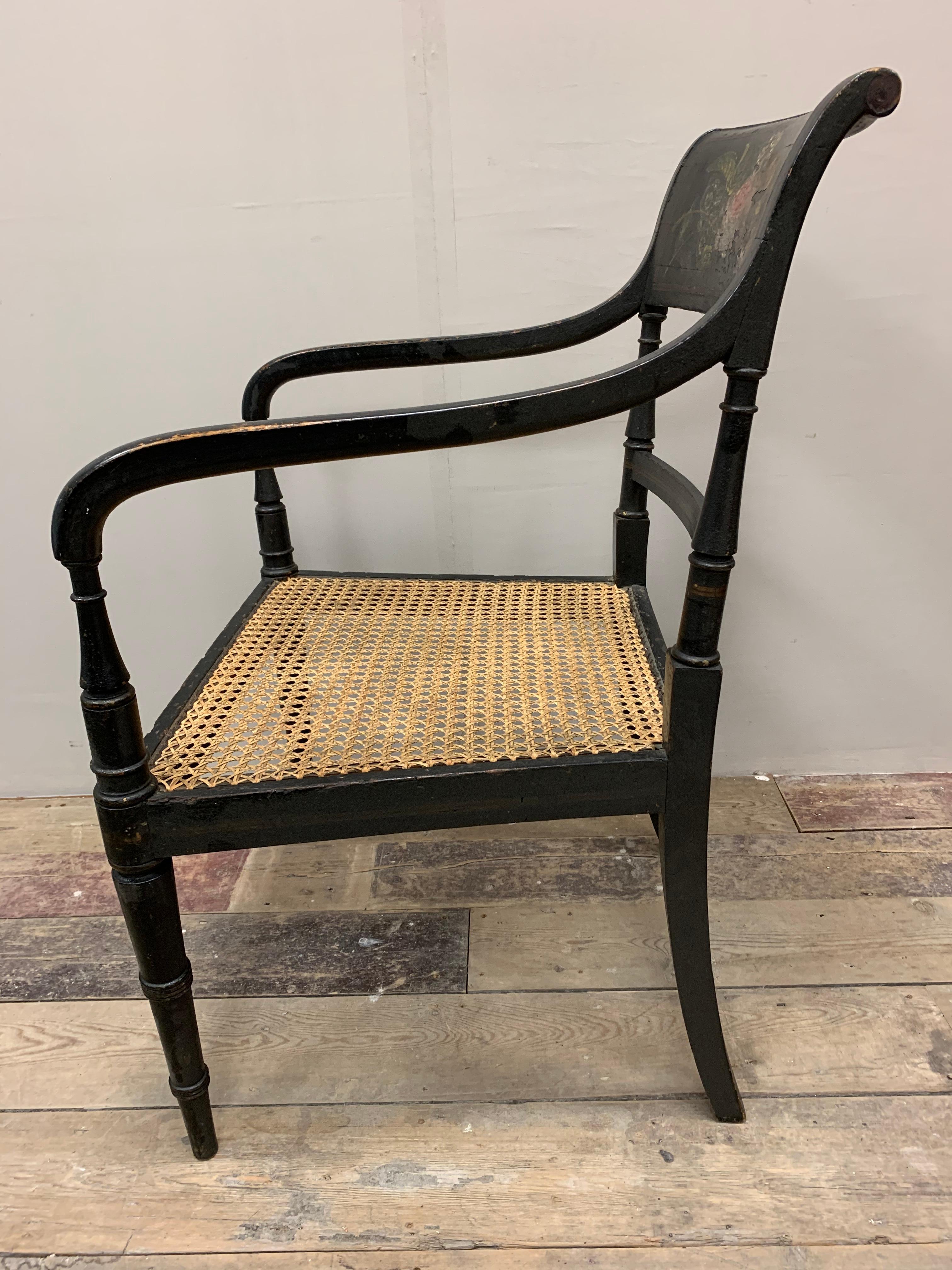 C19th Century English Black Painted Armchair with Flower Decoration & Caned Seat For Sale 1