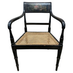 C19th Century English Black Painted Armchair with Flower Decoration & Caned Seat