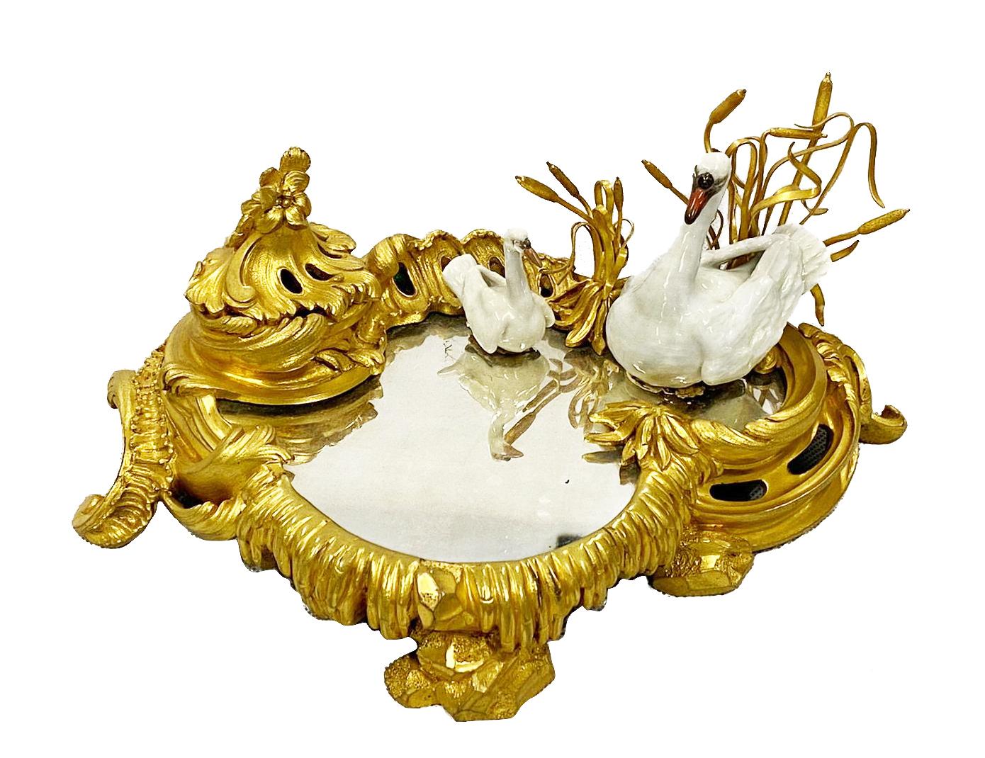 French 19th Century Gilded Ormolu Ink Well, Meissen Style