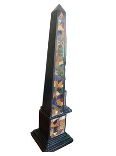 19th Century pair of large black marble obelisks with pietra dura mosaic inlay