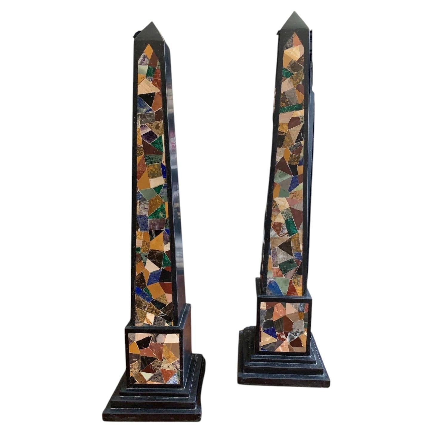 19th Century pair of large black marble obelisks with pietra dura mosaic inlay