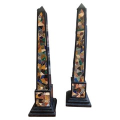 19th Century pair of large black marble obelisks with pietra dura mosaic inlay