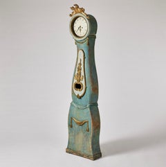 C19th Century Swedish long case clock with gilded decoration and original paint