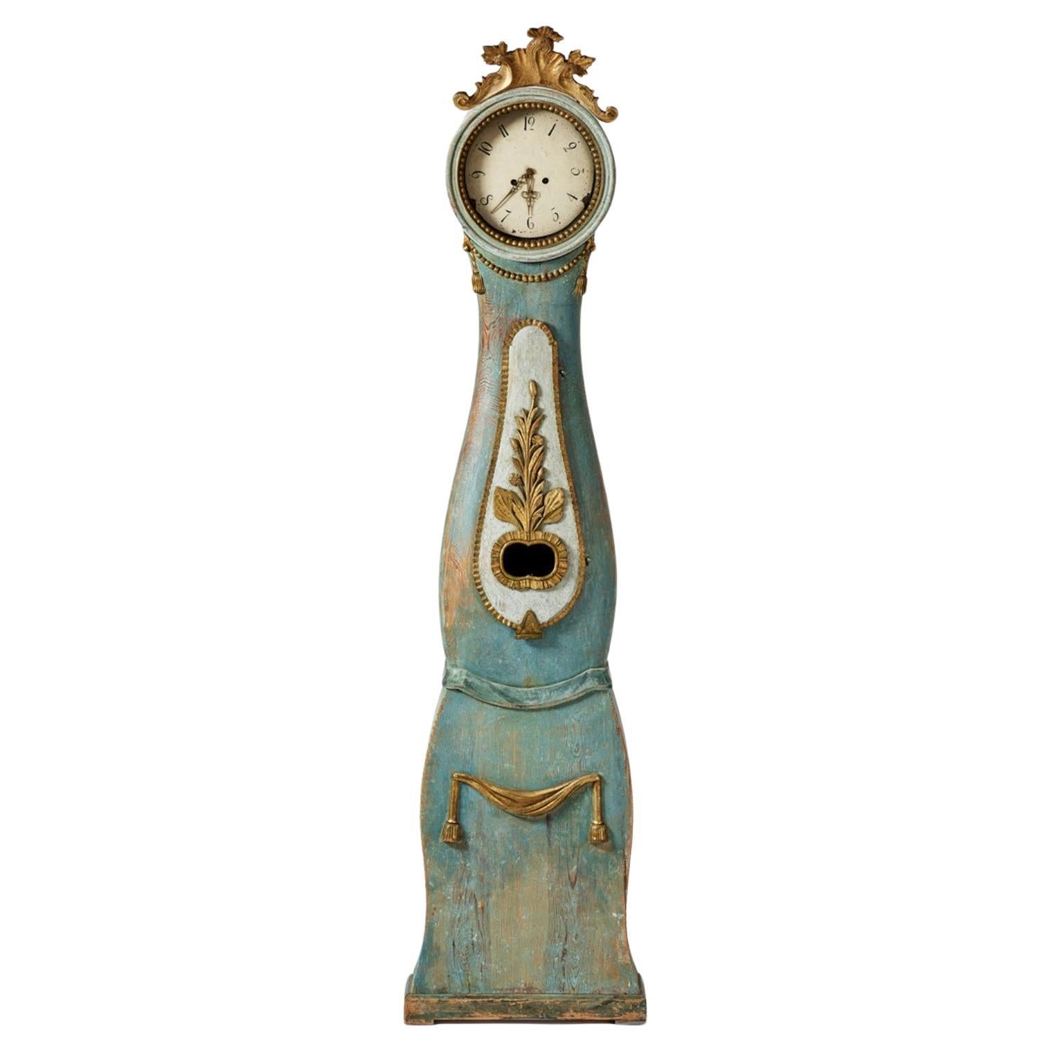 C19th Century Swedish long case clock with gilded decoration and original paint For Sale
